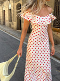 Prettyswomen- Sweetie Polka Dot Ruffle Hem Off-Shoulder Long Dress