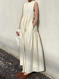 Prettyswomen- Solid Pockets Sleeveless Long Dress