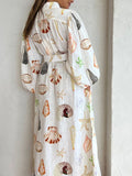 Prettyswomen- Marine Life Print Button-Front Belted Long Dress