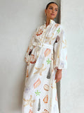 Prettyswomen- Marine Life Print Button-Front Belted Long Dress