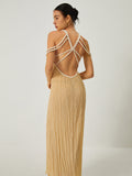 Prettyswomen- Draped Halterneck Backless Long Dress