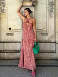 Prettyswomen- Boho Floral Print Rosette Decor Halter Long Dress