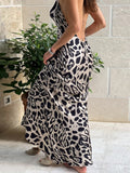 Prettyswomen- Leopard Print Cowl Neck Halter Long Dress