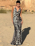 Prettyswomen- Leopard Print Cowl Neck Halter Long Dress