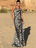 Prettyswomen- Leopard Print Cowl Neck Halter Long Dress