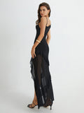 Prettyswomen- Asymmetrical Ruffle Net Long Dress