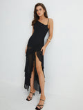 Prettyswomen- Asymmetrical Ruffle Net Long Dress