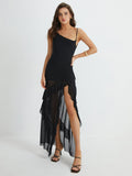 Prettyswomen- Asymmetrical Ruffle Net Long Dress