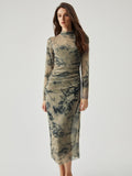 Prettyswomen- Mesh Floral Print Ruched Long Sleeve Long Dress