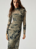 Prettyswomen- Mesh Floral Print Ruched Long Sleeve Long Dress