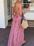 Prettyswomen- Boho Floral Print Rosette Decor Halter Long Dress