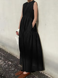 Prettyswomen- Solid Pockets Sleeveless Long Dress