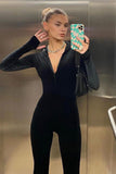 Prettyswomen Black Velvet Zipper-Front Hoodie Jumpsuits