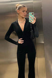 Prettyswomen Black Velvet Zipper-Front Hoodie Jumpsuits