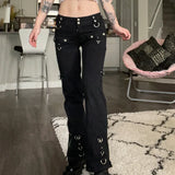 Prettyswomen- Dark Punk Y2k Grunge Low Waist Emo Jeans Mall Gothic Women Black Patchwork Electro Pants Fashion Streetwear Alt Clothes