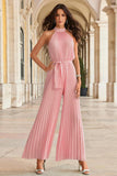 Prettyswomen Halter Tie-Front Pleated Wide Leg Jumpsuits