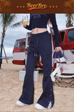 Prettyswomen BeerBro Navy Blue American Spice Girls Polo Neck Knit Top Button Up Casual Wide Leg Pants Matching Set