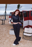 Prettyswomen BeerBro Navy Blue American Spice Girls Polo Neck Knit Top Button Up Casual Wide Leg Pants Matching Set