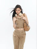 Prettyswomen Giana Brown Washed Heart Shape Old Vintage Denim Tank Top + Pleated Flared Pants Matching Set