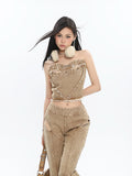 Prettyswomen Giana Brown Washed Heart Shape Old Vintage Denim Tank Top + Pleated Flared Pants Matching Set