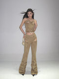 Prettyswomen Giana Brown Washed Heart Shape Old Vintage Denim Tank Top + Pleated Flared Pants Matching Set