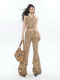 Prettyswomen Giana Brown Washed Heart Shape Old Vintage Denim Tank Top + Pleated Flared Pants Matching Set