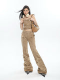 Prettyswomen Giana Brown Washed Heart Shape Old Vintage Denim Tank Top + Pleated Flared Pants Matching Set