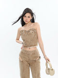 Prettyswomen Giana Brown Washed Heart Shape Old Vintage Denim Tank Top + Pleated Flared Pants Matching Set