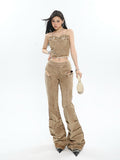 Prettyswomen Giana Brown Washed Heart Shape Old Vintage Denim Tank Top + Pleated Flared Pants Matching Set