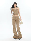 Prettyswomen Giana Brown Washed Heart Shape Old Vintage Denim Tank Top + Pleated Flared Pants Matching Set