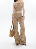 Prettyswomen Giana Brown Washed Heart Shape Old Vintage Denim Tank Top + Pleated Flared Pants Matching Set