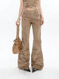 Prettyswomen Giana Brown Washed Heart Shape Old Vintage Denim Tank Top + Pleated Flared Pants Matching Set