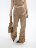 Prettyswomen Giana Brown Washed Heart Shape Old Vintage Denim Tank Top + Pleated Flared Pants Matching Set