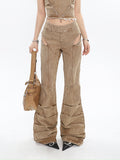 Prettyswomen Giana Brown Washed Heart Shape Old Vintage Denim Tank Top + Pleated Flared Pants Matching Set