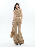 Prettyswomen Giana Brown Washed Heart Shape Old Vintage Denim Tank Top + Pleated Flared Pants Matching Set