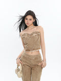 Prettyswomen Giana Brown Washed Heart Shape Old Vintage Denim Tank Top + Pleated Flared Pants Matching Set