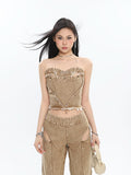 Prettyswomen Giana Brown Washed Heart Shape Old Vintage Denim Tank Top + Pleated Flared Pants Matching Set