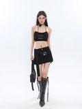 Prettyswomen Chrome Denim Heart Belt Bandeau Top + Denim Belt Wrap Mini Skirt + Denim Micro Flare Jeans Pants Matching Set