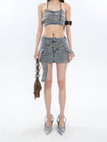 Prettyswomen Chrome Denim Heart Belt Bandeau Top + Denim Belt Wrap Mini Skirt + Denim Micro Flare Jeans Pants Matching Set