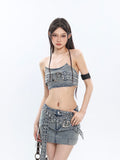 Prettyswomen Chrome Denim Heart Belt Bandeau Top + Denim Belt Wrap Mini Skirt + Denim Micro Flare Jeans Pants Matching Set