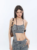 Prettyswomen Chrome Denim Heart Belt Bandeau Top + Denim Belt Wrap Mini Skirt + Denim Micro Flare Jeans Pants Matching Set