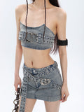 Prettyswomen Chrome Denim Heart Belt Bandeau Top + Denim Belt Wrap Mini Skirt + Denim Micro Flare Jeans Pants Matching Set