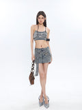 Prettyswomen Chrome Denim Heart Belt Bandeau Top + Denim Belt Wrap Mini Skirt + Denim Micro Flare Jeans Pants Matching Set