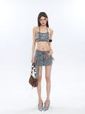 Prettyswomen Chrome Denim Heart Belt Bandeau Top + Denim Belt Wrap Mini Skirt + Denim Micro Flare Jeans Pants Matching Set