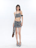 Prettyswomen Chrome Denim Heart Belt Bandeau Top + Denim Belt Wrap Mini Skirt + Denim Micro Flare Jeans Pants Matching Set