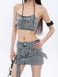 Prettyswomen Chrome Denim Heart Belt Bandeau Top + Denim Belt Wrap Mini Skirt + Denim Micro Flare Jeans Pants Matching Set