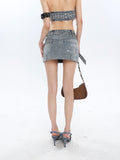 Prettyswomen Chrome Denim Heart Belt Bandeau Top + Denim Belt Wrap Mini Skirt + Denim Micro Flare Jeans Pants Matching Set