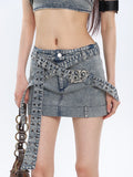 Prettyswomen Chrome Denim Heart Belt Bandeau Top + Denim Belt Wrap Mini Skirt + Denim Micro Flare Jeans Pants Matching Set