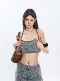 Prettyswomen Chrome Denim Heart Belt Bandeau Top + Denim Belt Wrap Mini Skirt + Denim Micro Flare Jeans Pants Matching Set