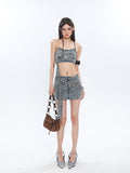 Prettyswomen Chrome Denim Heart Belt Bandeau Top + Denim Belt Wrap Mini Skirt + Denim Micro Flare Jeans Pants Matching Set